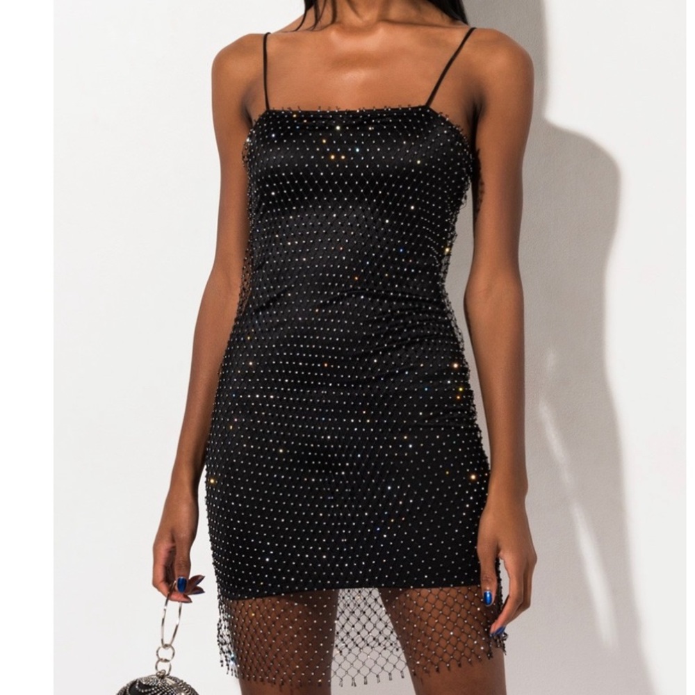 Black Satin Dress with Rhinestone Mesh Overlay